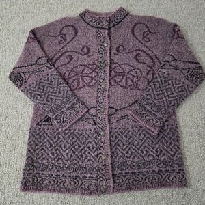 Harley of Scotland Fair Isle Merino Wool Cardigan Purple Womens XL Sweater